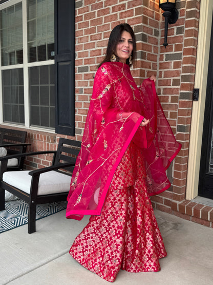 Magenta Katan Silk Suit Set with Embroidered Dupatta