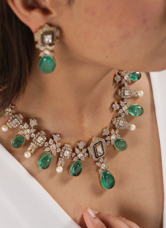 Moissanite Diamond Look Necklace Set with Emerald Green Drops & Pearl Accents