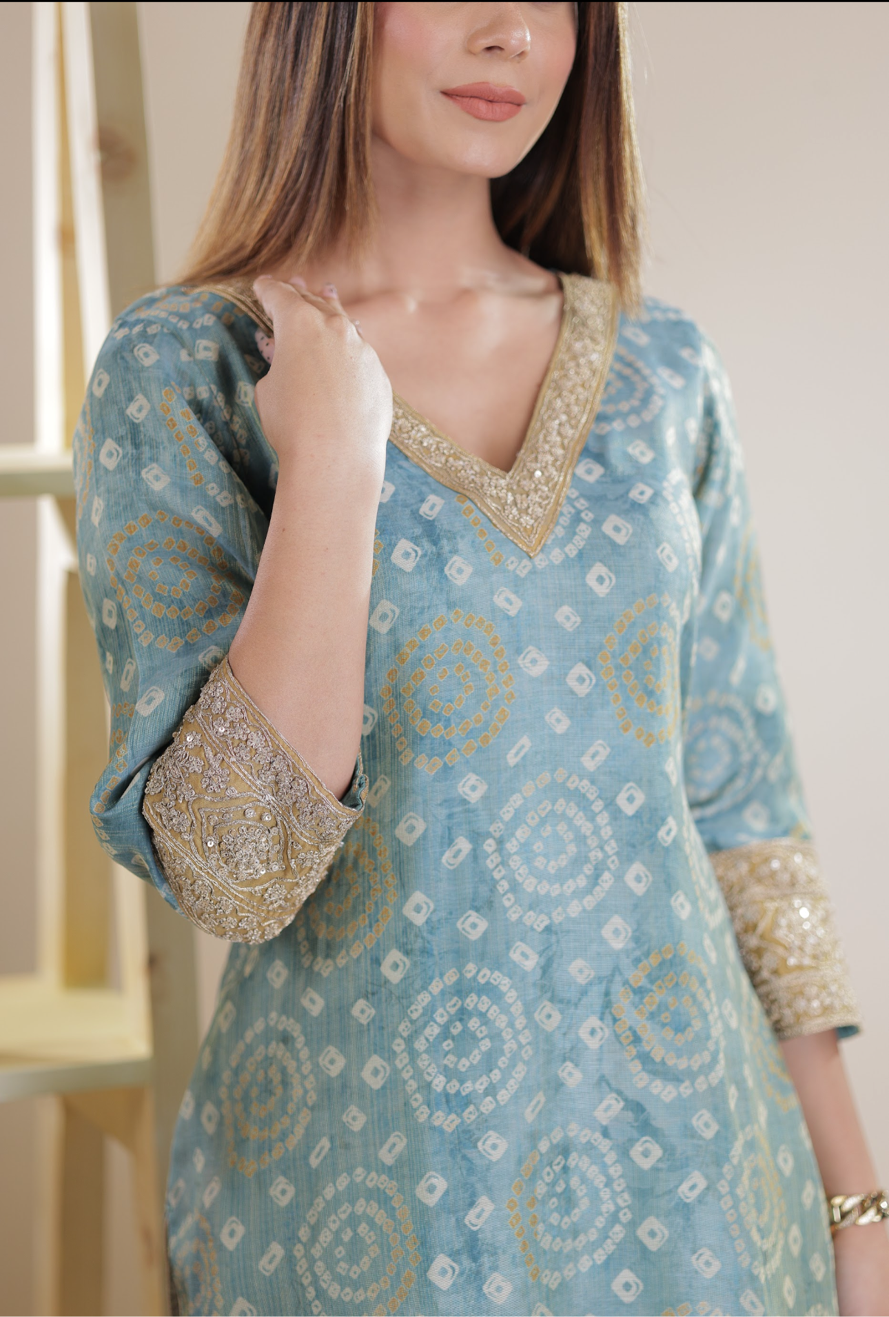 Mint blue Chanderi Silk Bandhani Kurta Set with Embroidered Patchwork
