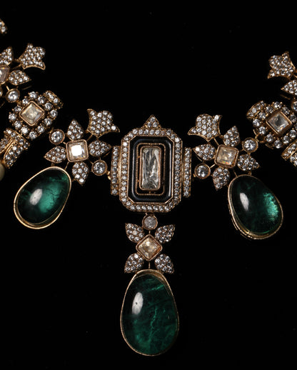 Moissanite Diamond Look Necklace Set with Emerald Green Drops & Pearl Accents