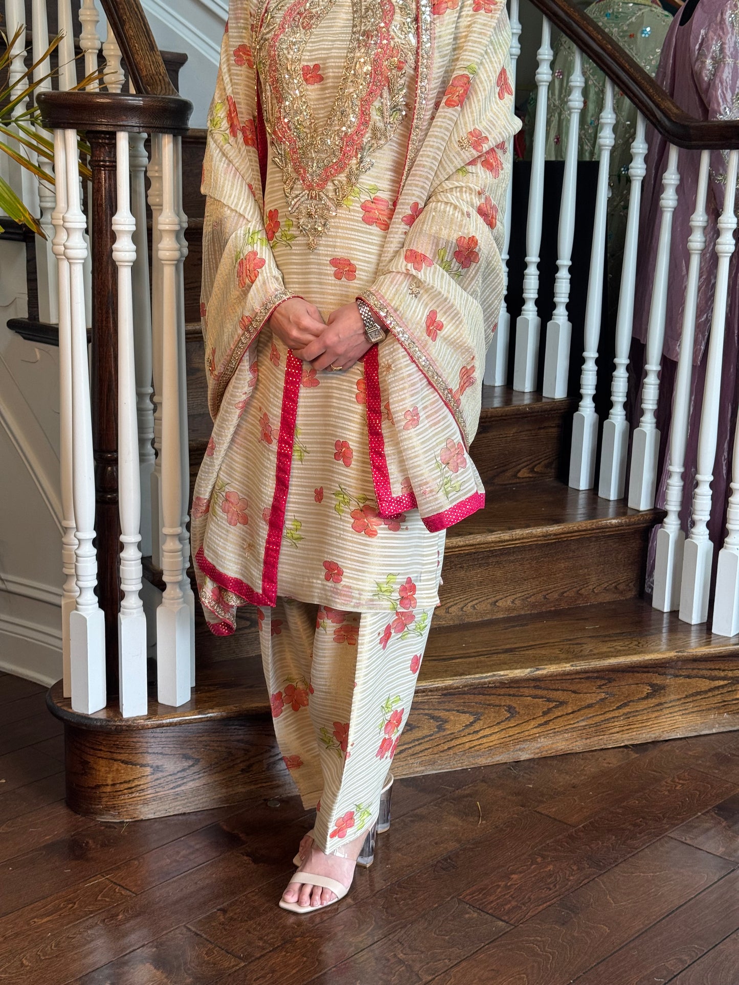 Tissue Chanderi Silk Suit Set with Handwork & Salwar – Soft Floral Ivory