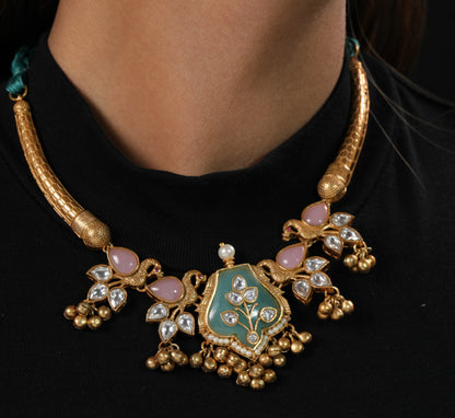 Antique Gold Meenakari Necklace Set with Kundan Accents