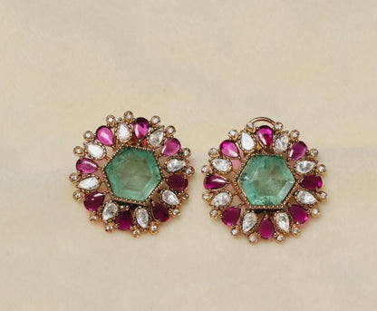 Round Emerald Green Stud Earrings with Ruby & CZ Teardrop Halo