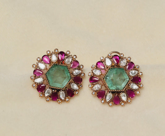 Round Emerald Green Stud Earrings with Ruby & CZ Teardrop Halo
