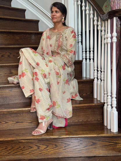 Tissue Chanderi Silk Suit Set with Handwork & Salwar – Soft Floral Ivory