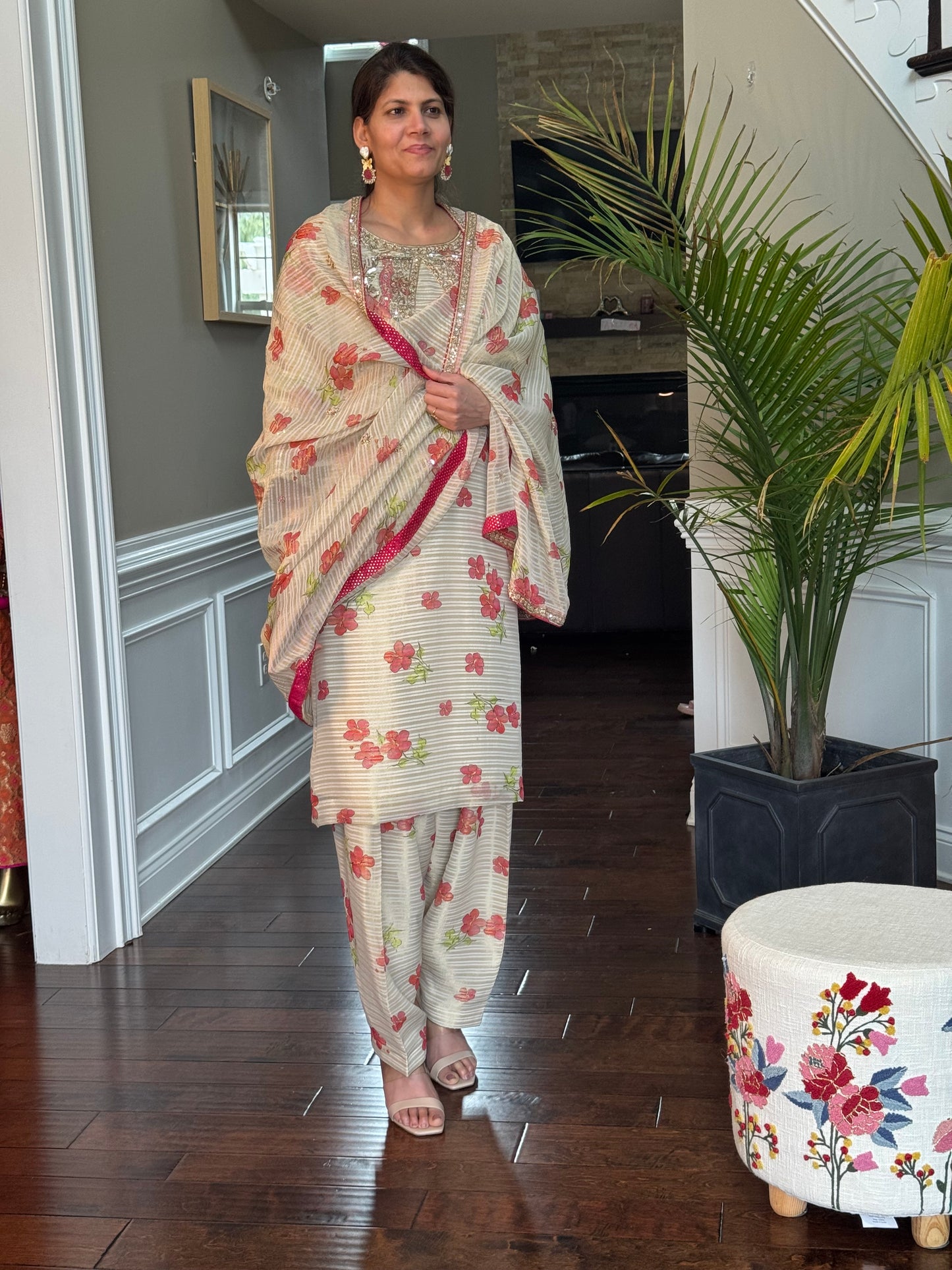 Tissue Chanderi Silk Suit Set with Handwork & Salwar – Soft Floral Ivory