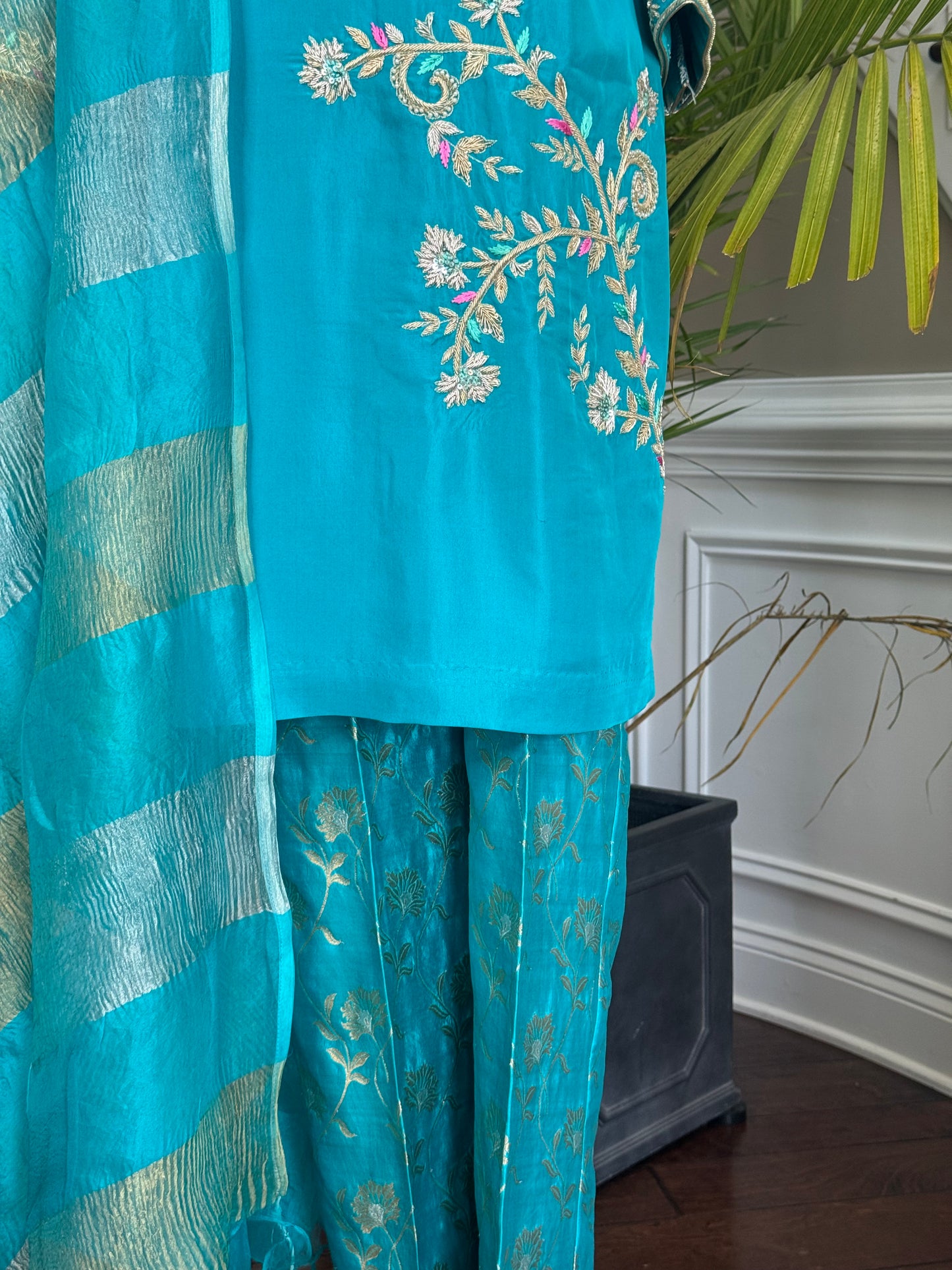 Teal Crepe Kurta Set with Hand Embroidery