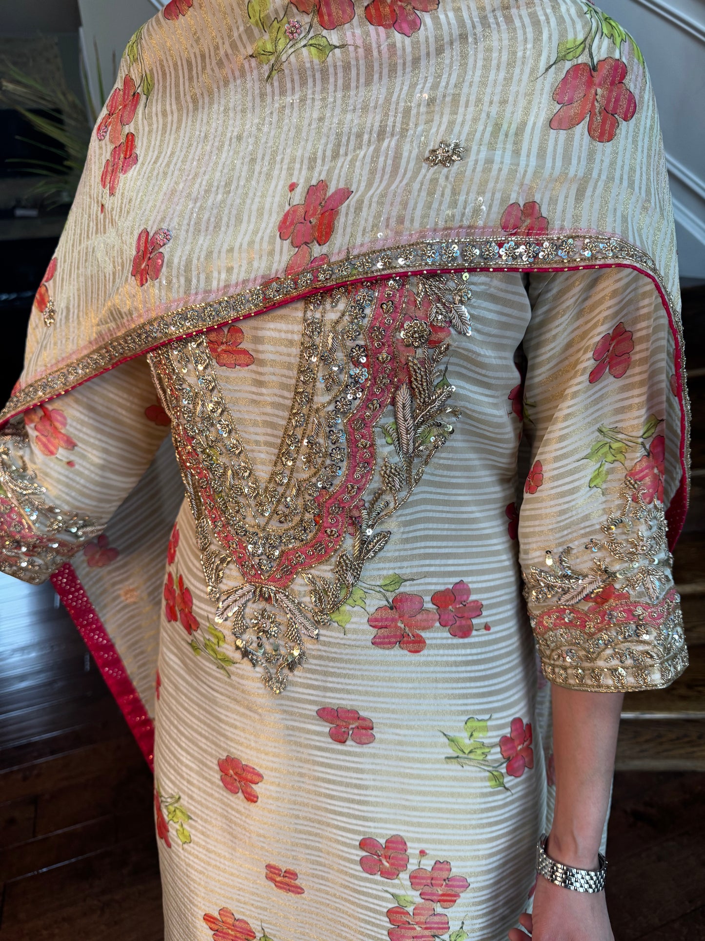 Tissue Chanderi Silk Suit Set with Handwork & Salwar – Soft Floral Ivory