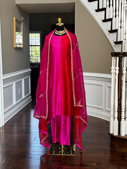 Fuchsia & Crimson Red Chanderi Silk Suit Set with Handwork
