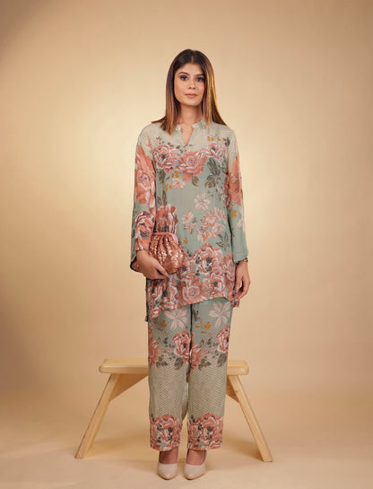 Mint Floral Satin Coord Set with Statement Sleeves