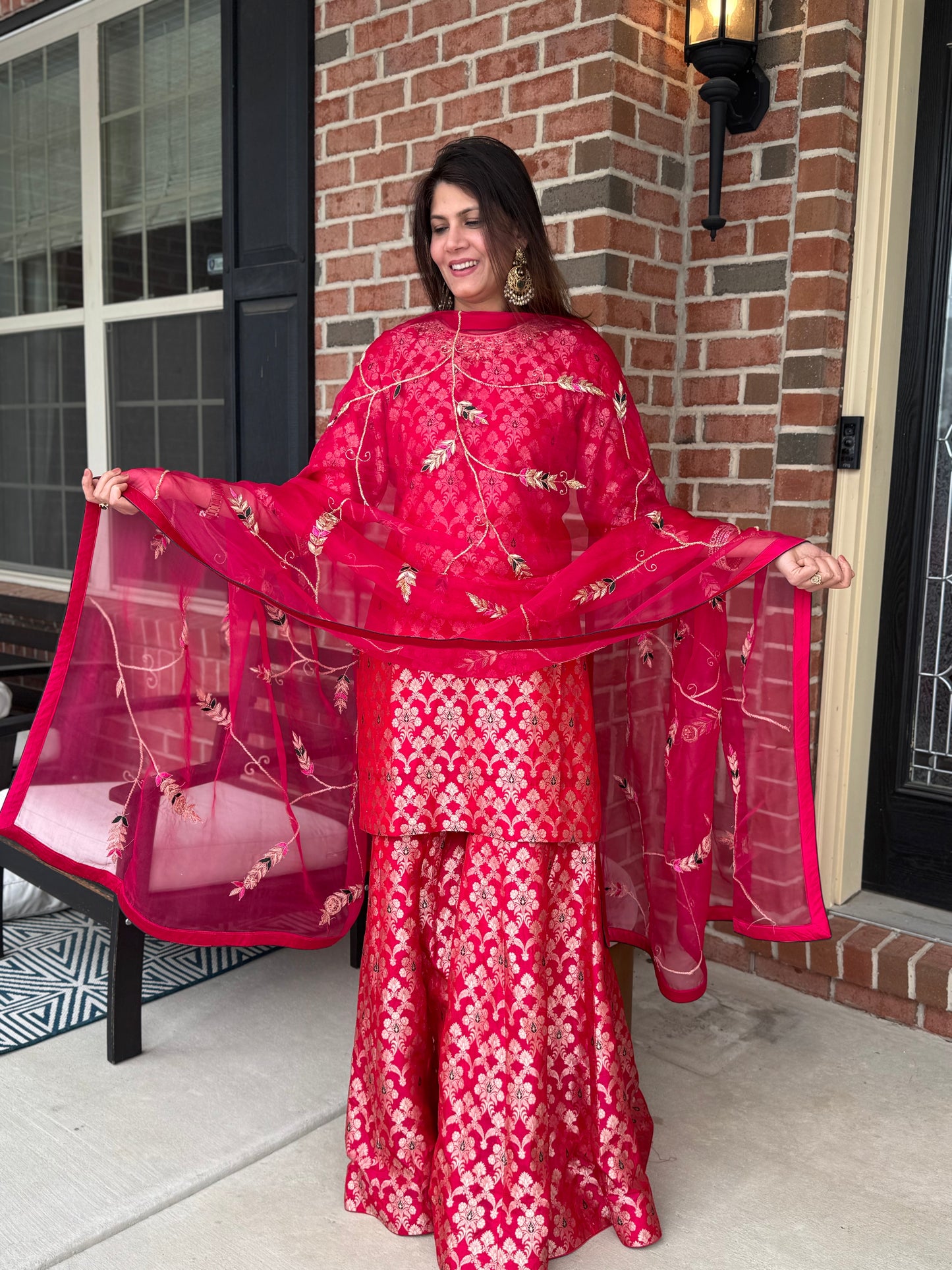 Magenta Katan Silk Suit Set with Embroidered Dupatta