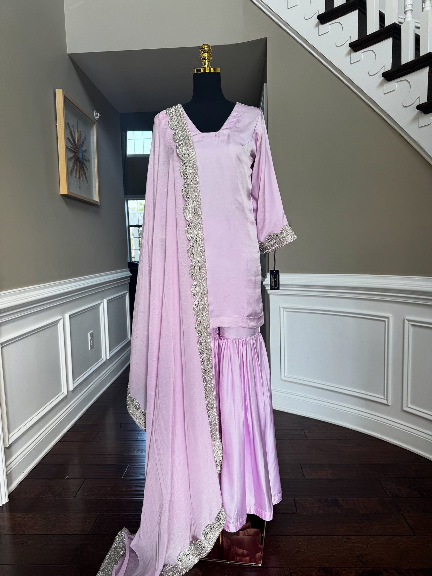 Lilac Satin Gharara Set with Lace Organza Dupatta