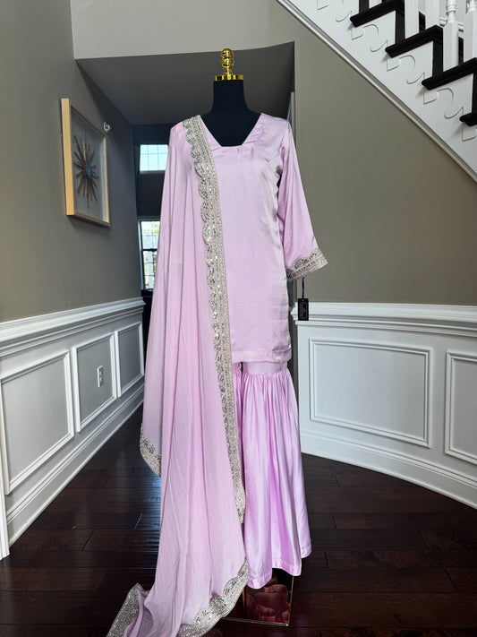 Lilac Satin Gharara Set with Lace Organza Dupatta
