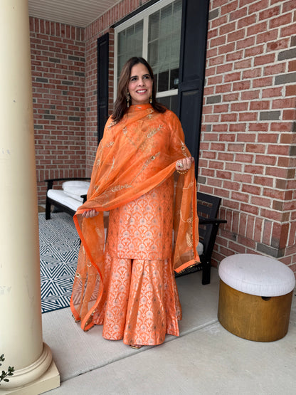 Pure Katan Silk Banarasi Gharara Set with Handwork Organza Dupatta