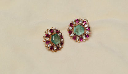 Round Emerald Green Stud Earrings with Ruby & CZ Teardrop Halo