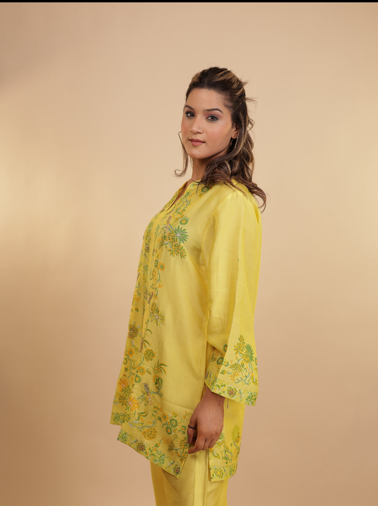 Sunshine Yellow Silk Coord Set with Delicate Embroidery
