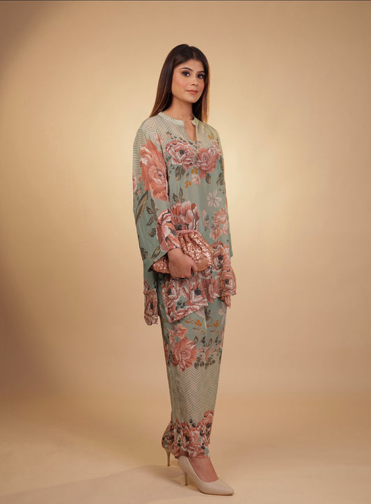 Mint Floral Satin Coord Set with Statement Sleeves