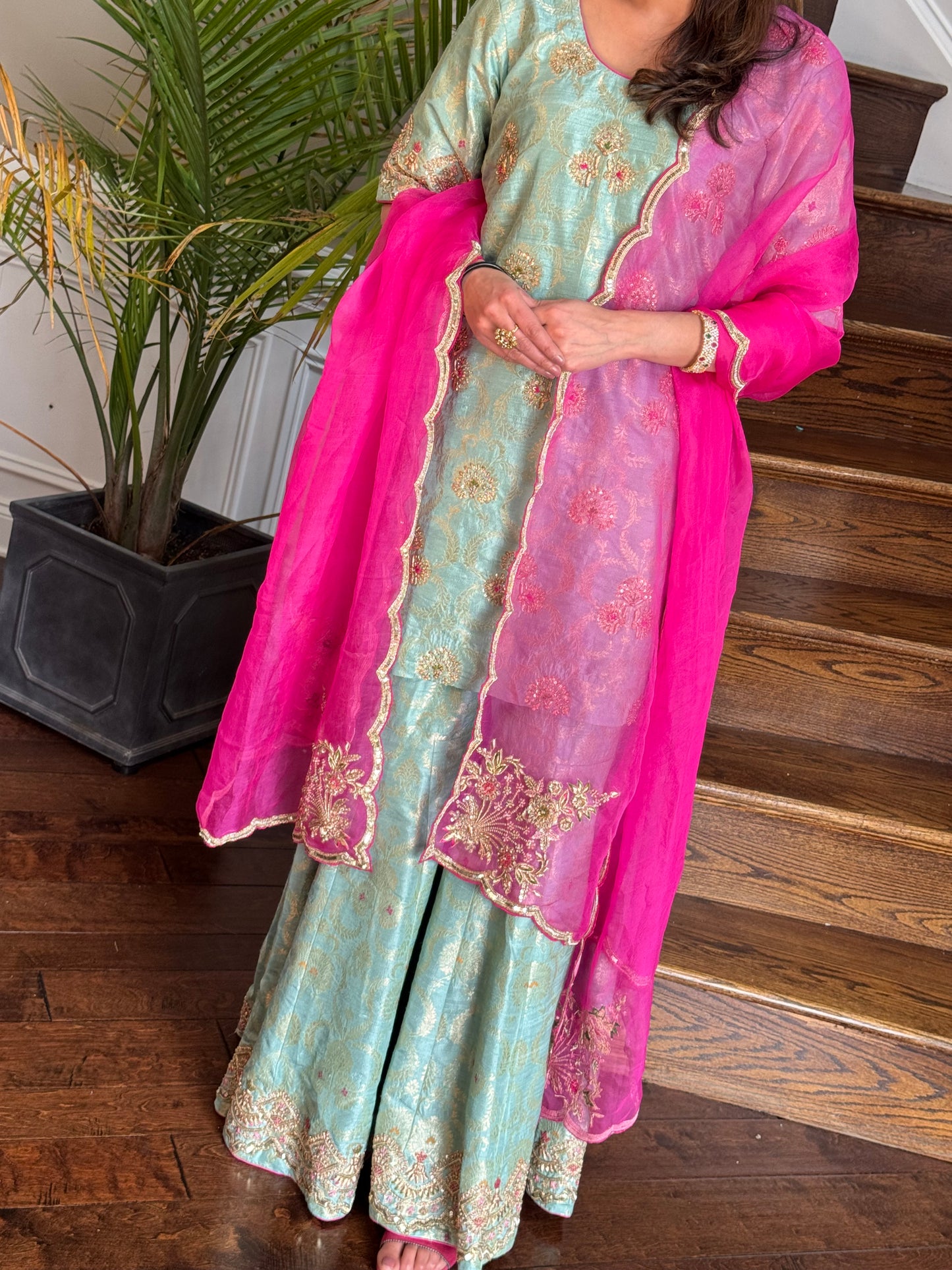 Aqua Zari Raw Silk Gharara Set with Organza Dupatta