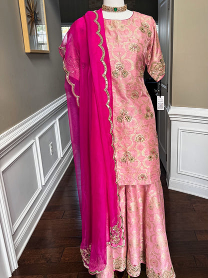 Blush Raw Silk Gharara Set with Hand Embroidery & Organza Dupatta