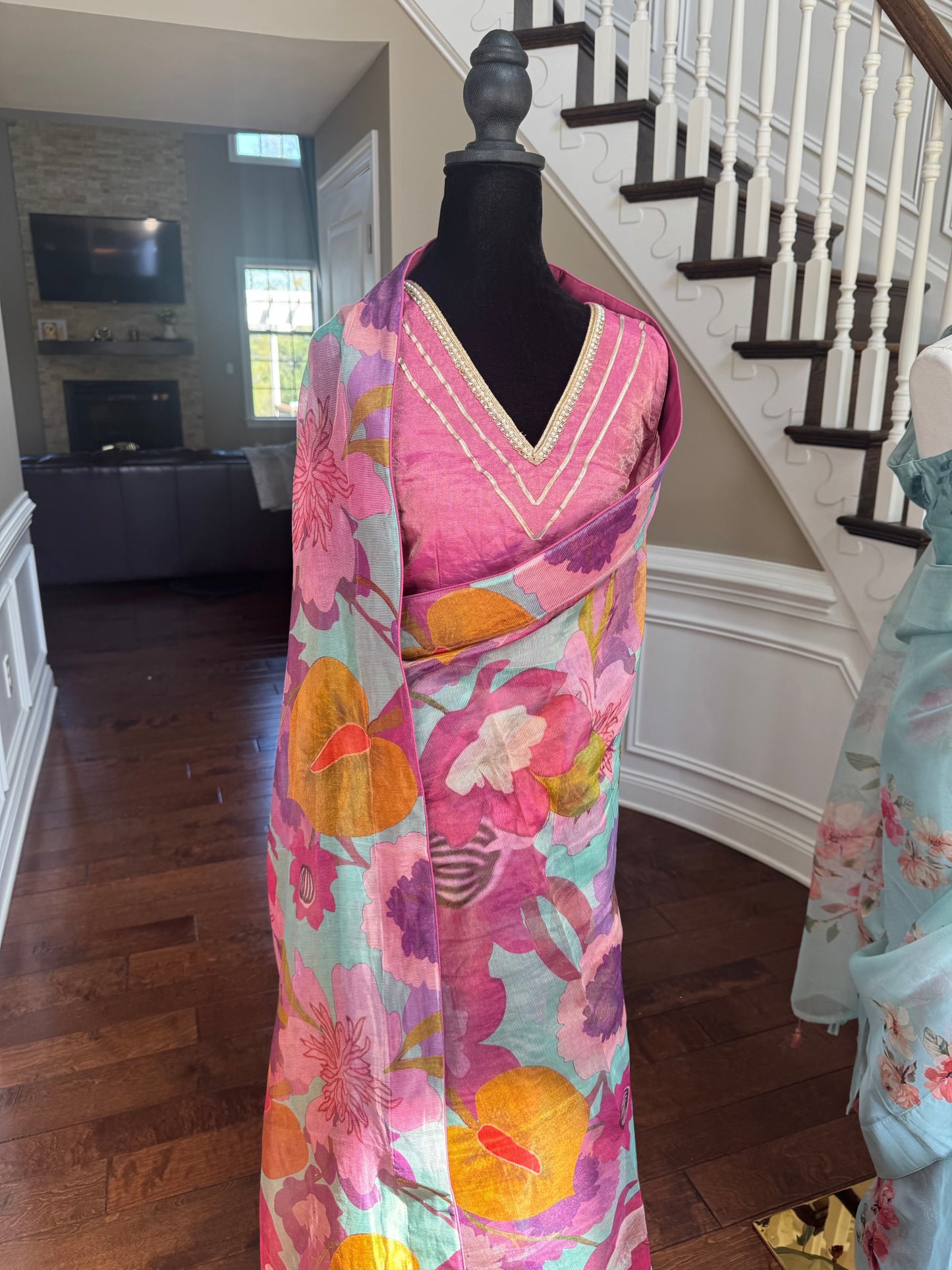 Floral Pink Tissue Chanderi Stripe Saree with Blouse
