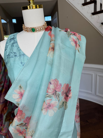 Floral Organza Saree with Stitched Blouse – Soft Aqua