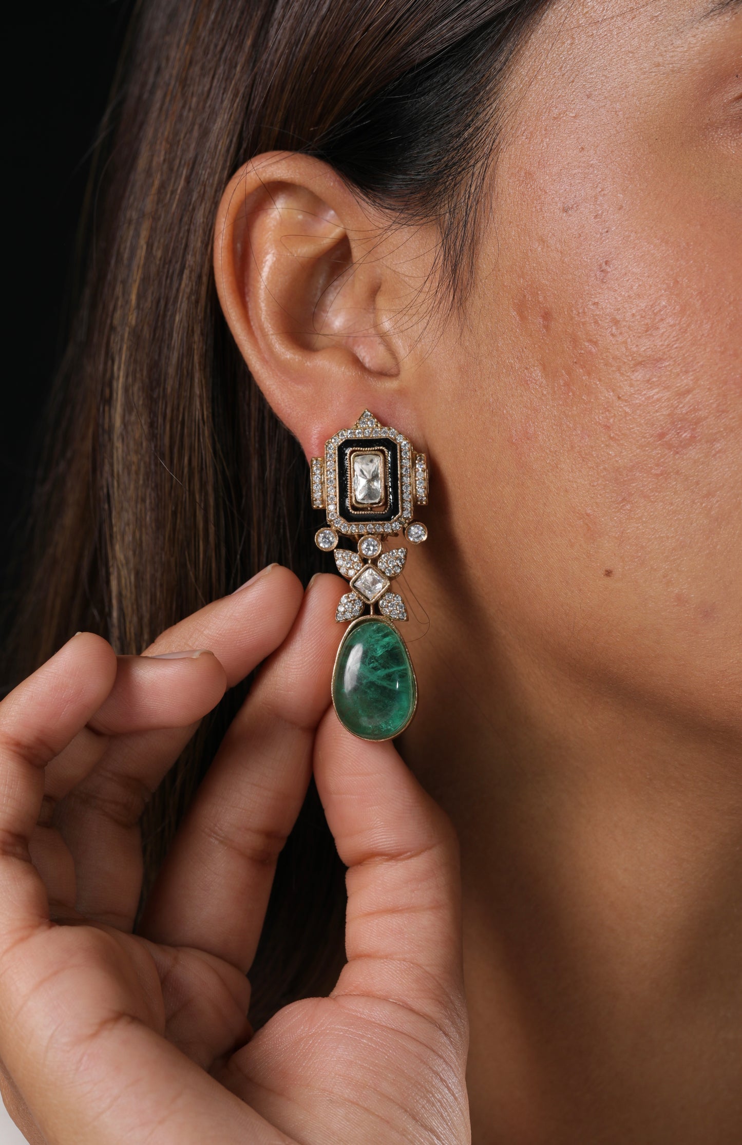 Moissanite Diamond Look Necklace Set with Emerald Green Drops & Pearl Accents