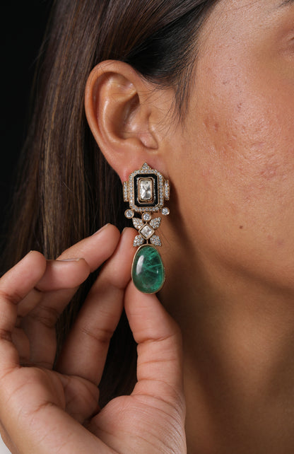 Moissanite Diamond Look Necklace Set with Emerald Green Drops & Pearl Accents