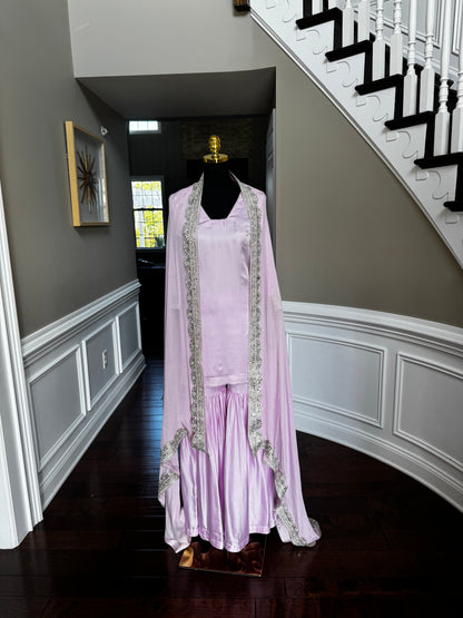 Lilac Satin Gharara Set with Lace Organza Dupatta