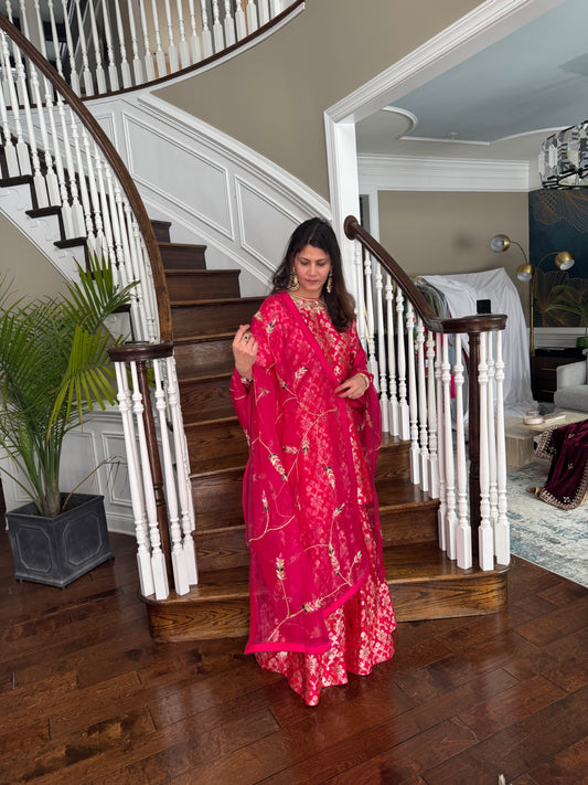 Magenta Katan Silk Suit Set with Embroidered Dupatta
