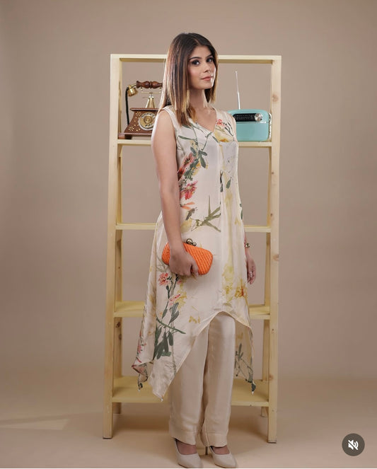 Ivory Floral Semi-Crepe Co-ord Set with Asymmetrical Top