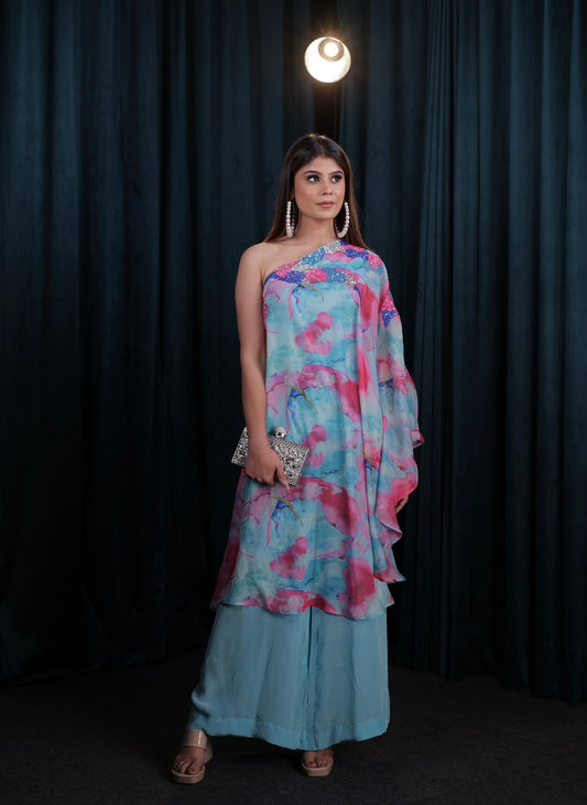 Aqua Pink One-Shoulder Printed Dress with Sequin Detail