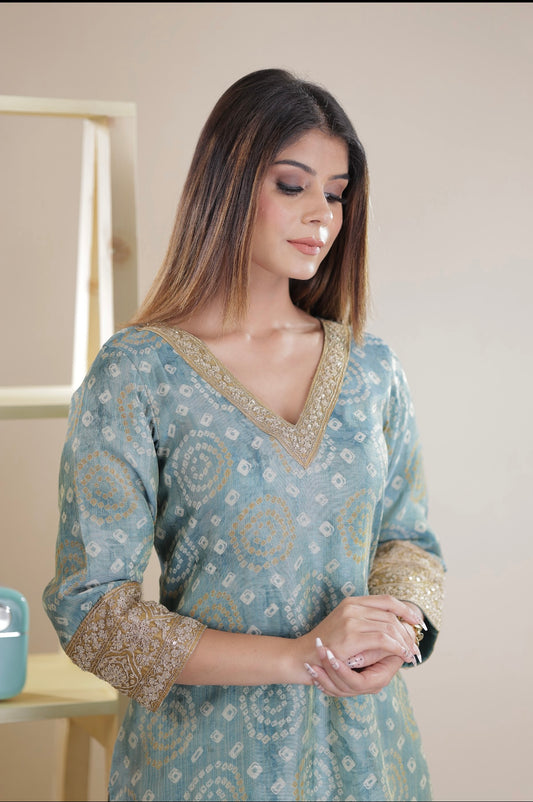 Mint blue Chanderi Silk Bandhani Kurta Set with Embroidered Patchwork