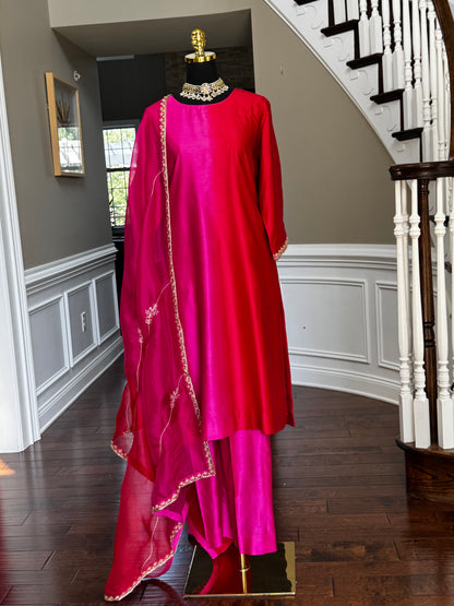 Fuchsia & Crimson Red Chanderi Silk Suit Set with Handwork