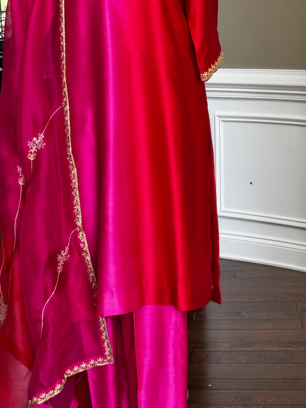 Fuchsia & Crimson Red Chanderi Silk Suit Set with Handwork