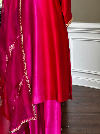 Fuchsia & Crimson Red Chanderi Silk Suit Set with Handwork