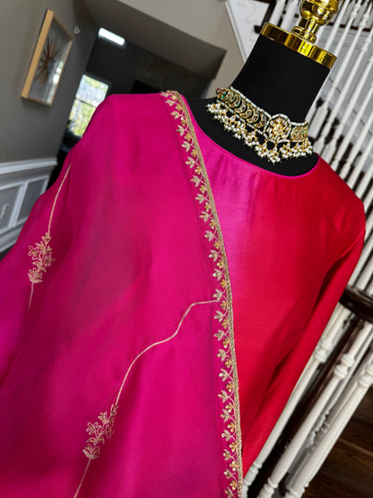 Fuchsia & Crimson Red Chanderi Silk Suit Set with Handwork