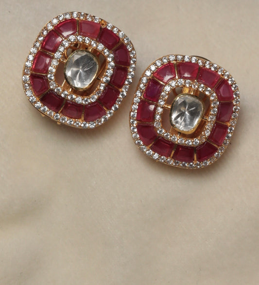 Elegant Ruby Red and CZ Stud Earrings in Silver