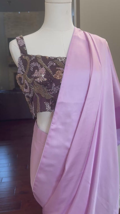 Lilac Satin Pre-Stitched Saree with Embroidered Net Blouse
