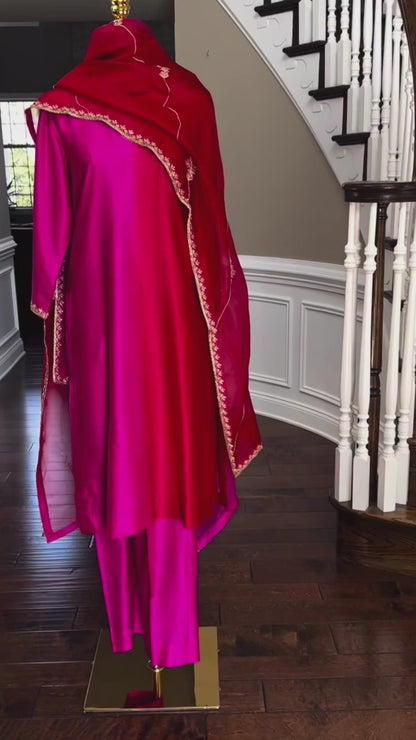 Fuchsia & Crimson Red Chanderi Silk Suit Set with Handwork